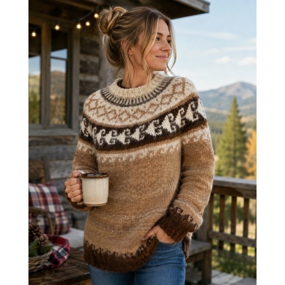 Vintage Hand Knit Nordic ?Alpaca Llama Fair Isle Sweater Small Brown Boho  Style